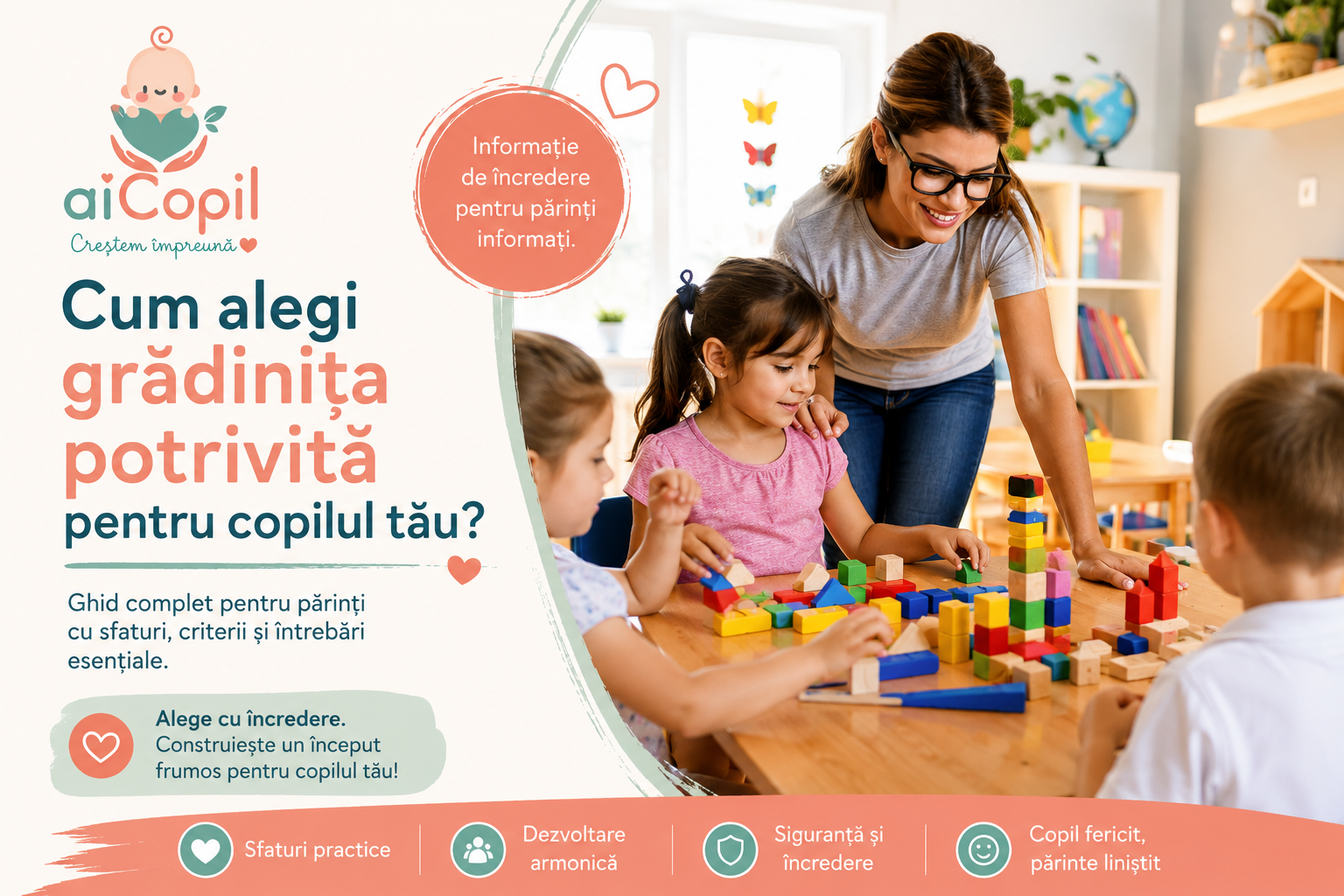 Educatoare care îi ajută pe copii să construiască cu cuburi într-o grădiniță modernă, ilustrând alegerea unei grădinițe potrivite pentru dezvoltarea copilului.