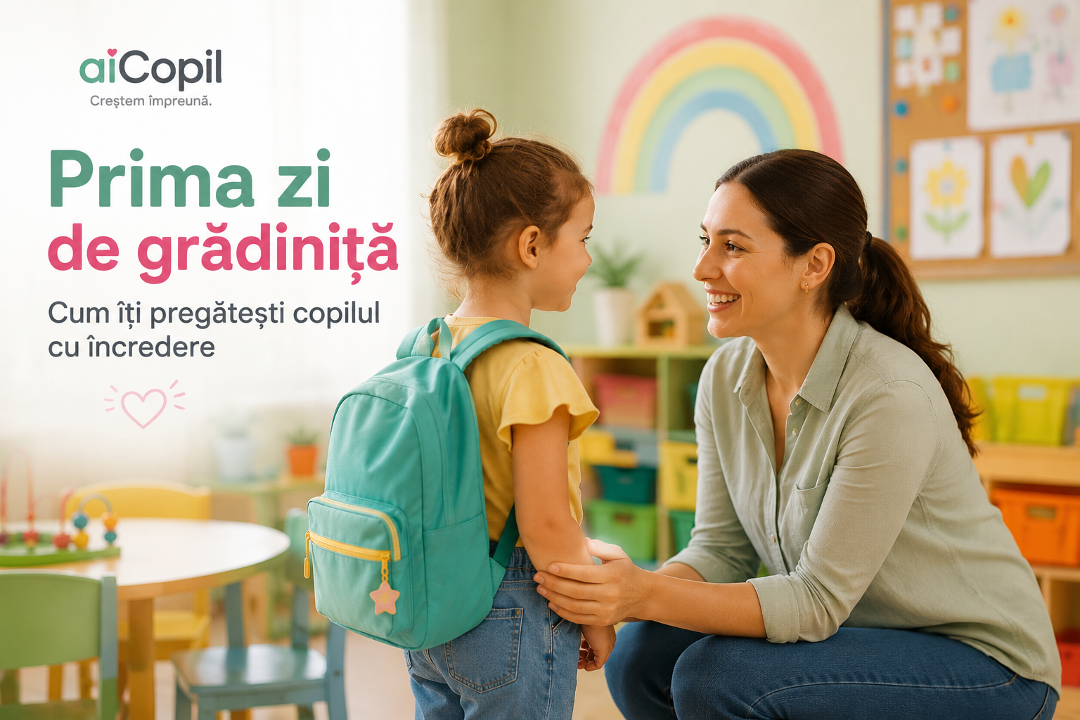 Educatoare întâmpină cu căldură un copil în prima zi de grădiniță, într-o sală de clasă luminoasă și prietenoasă.